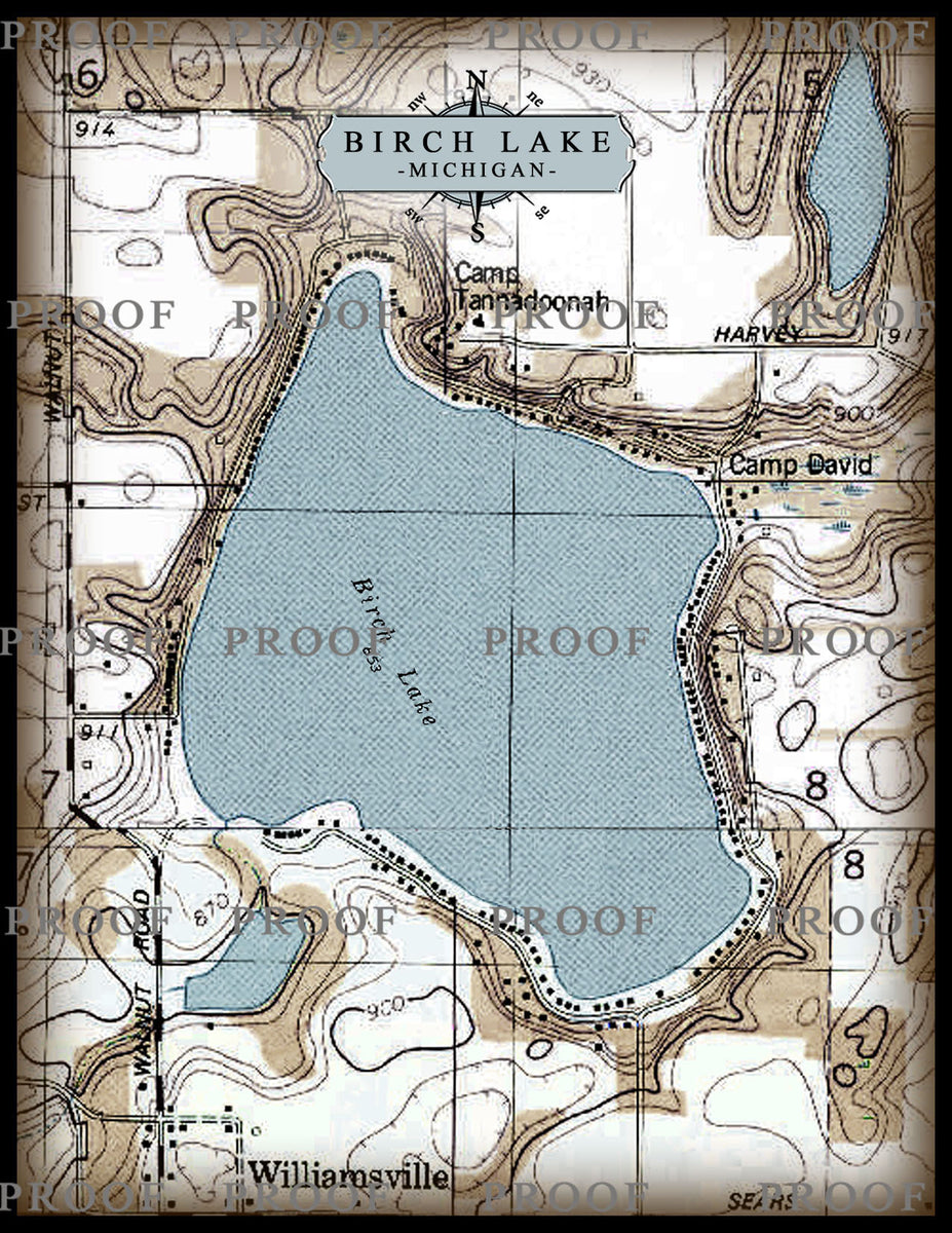 Birch Lake Michigan Map On 100 Natural Linen The Original Black