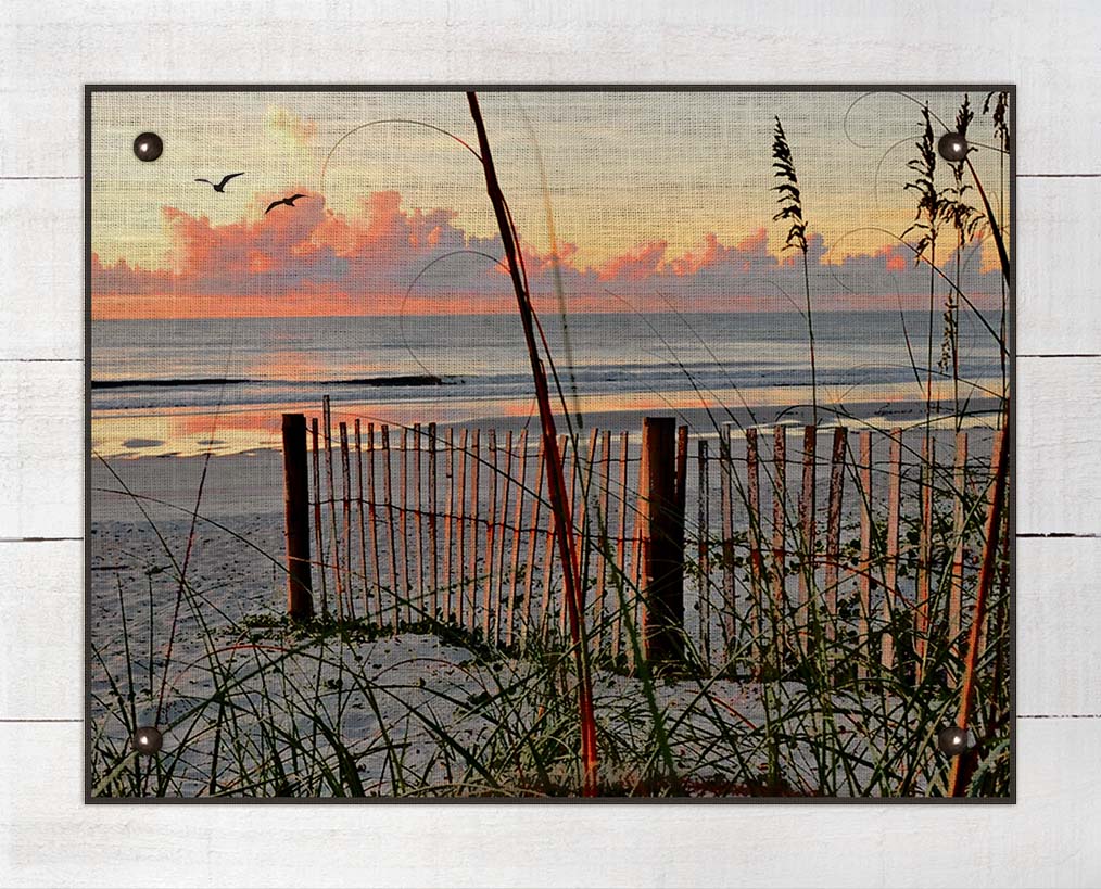Sea Oats And Fence At Dawn - On 100% Natural Linen