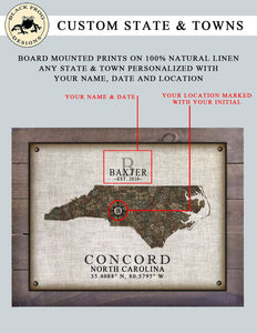 Personalized Prints of Any State & Town In The U.S.A. - Board Mounted Canvas Print