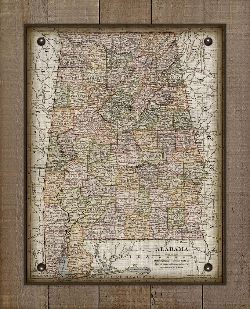 1800s Vintage Alabama Map - Board Mounted Canvas Print
