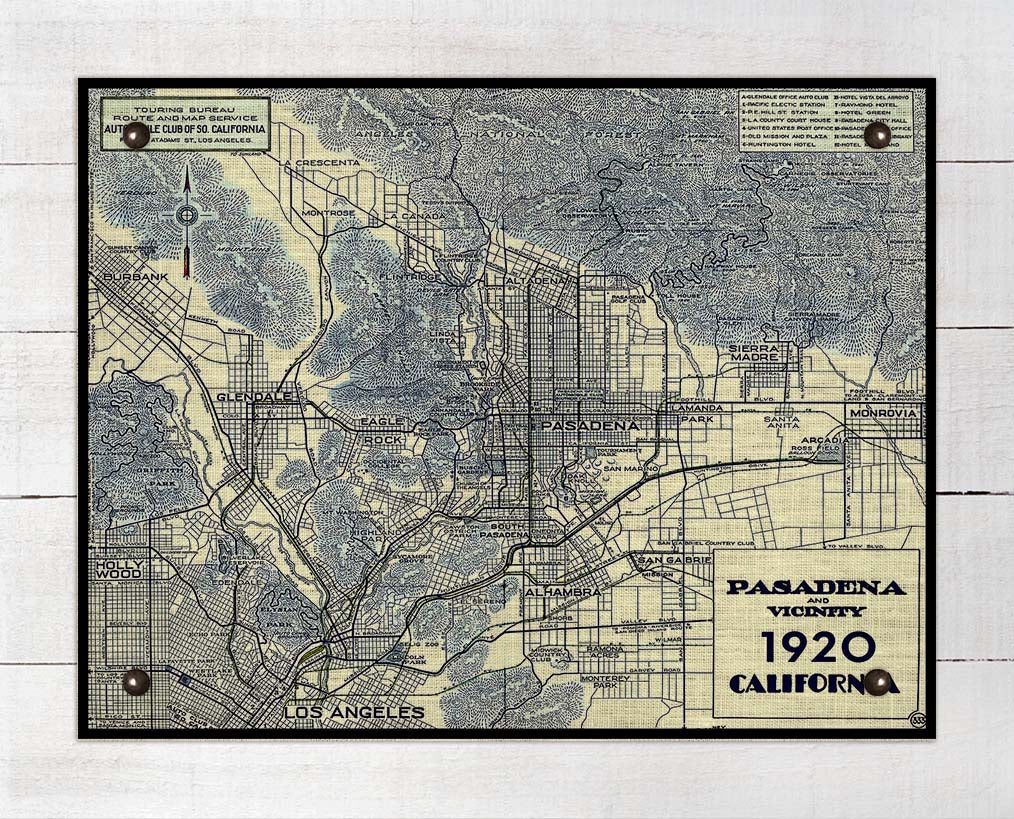 Vintage Pasadena California Map - Board Mounted Canvas Print