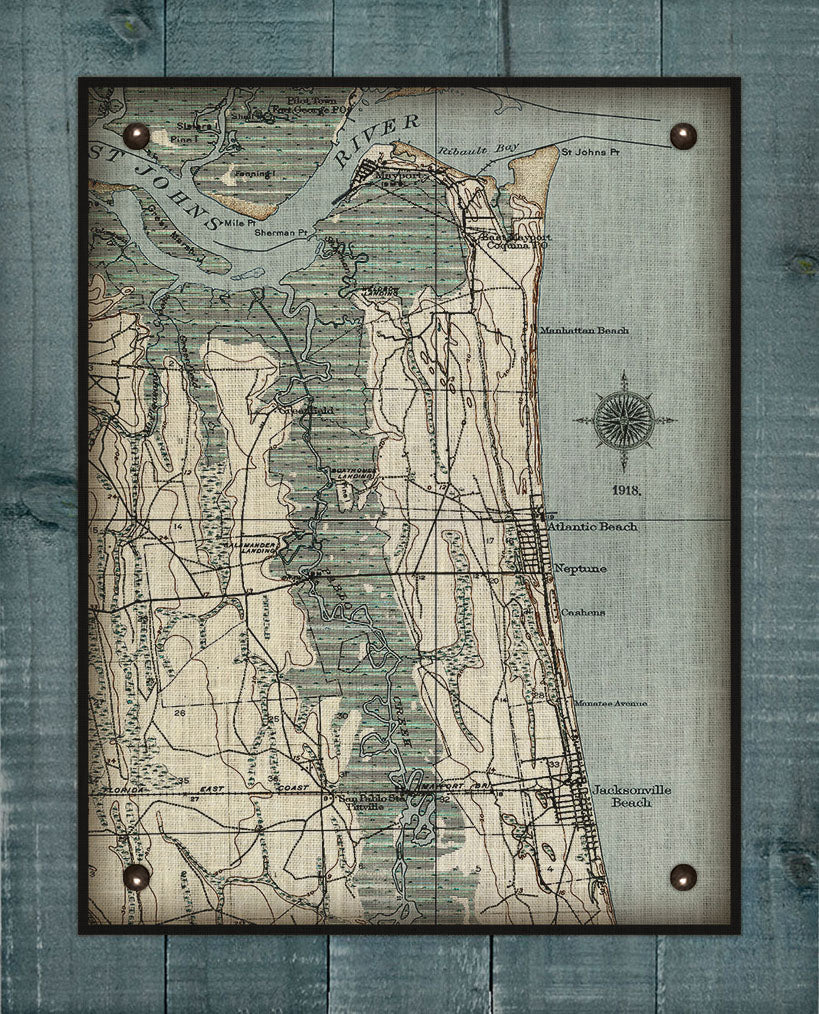 Atlantic, Neptune and Jacksonville Beach Vintage Map Board Mounted Canvas Print