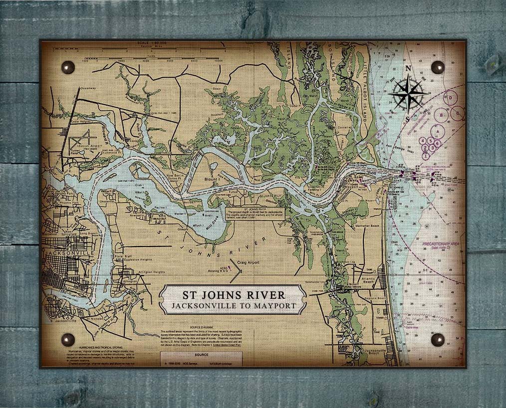 St Johns River - Jacksonville To Mayport - Nautical Chart Board Mounted Canvas Print