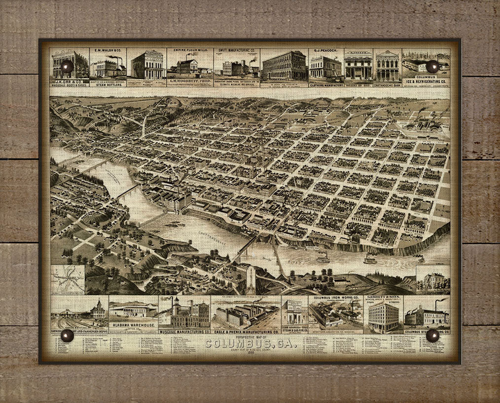 1888 Columbus Georgia Birds Eye Map - Board Mounted Canvas Print