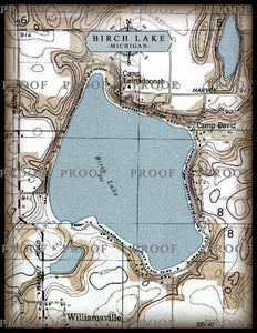 Birch Lake Michigan Map - On 100% Natural Linen