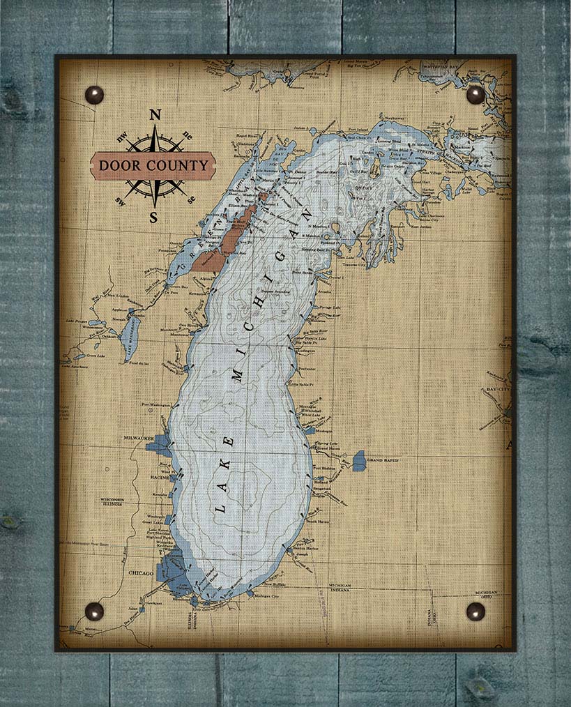 Door County Lake Michigan Map - Board Mounted Canvas Print