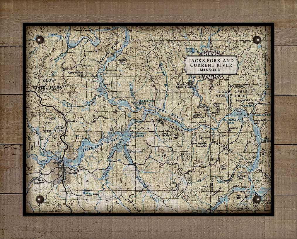 Missouri- Jacks Fork And Current Rivers  Nautical Chart -  Board Mounted Canvas Print