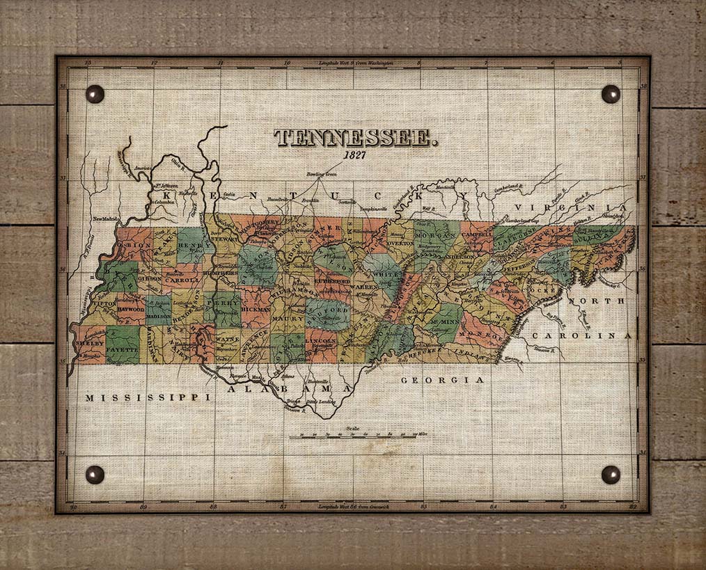 1827 Tennessee Map Design - Board Mounted Canvas Print