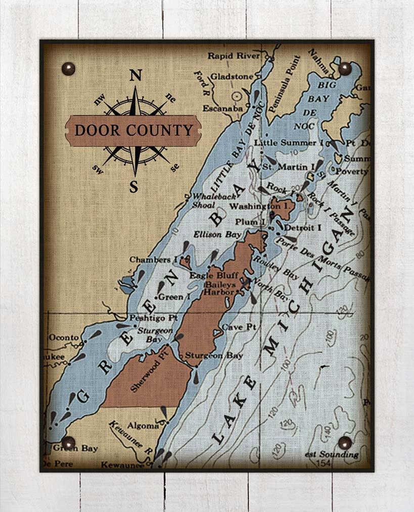 Door County Wisconsin Nautical Chart - Board Mounted Canvas Print