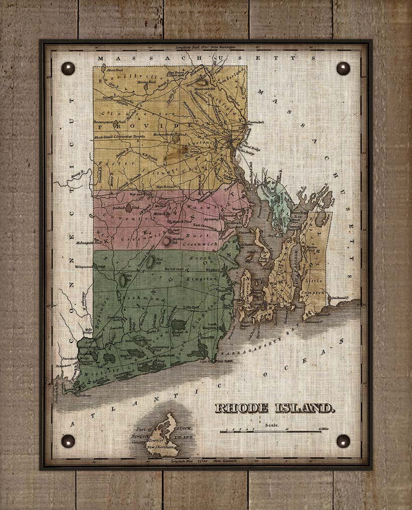 1800s Rhode Island Map - On 100% Natural Linen
