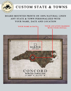 Personalized Prints of Any State & Town In The U.S.A. - Board Mounted Canvas Print