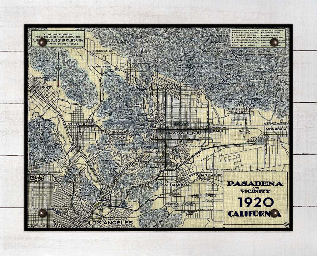 Vintage Pasadena California Map - Board Mounted Canvas Print