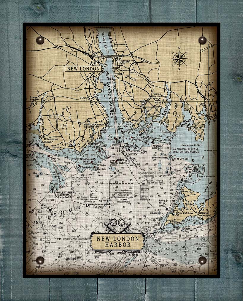 New Londin CT  Nautical Chart -  On 100% Natural Linen
