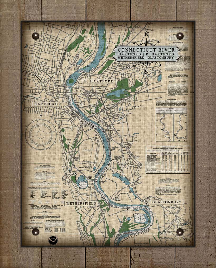 Ct. River (Hartford, E.Hartford, Wethersfield & Glastonbury) Nautical Chart -  On 100% Natural Linen