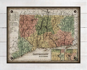 1800s Connecticut Map - On 100% Natural Linen
