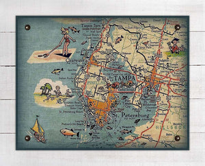 50s Vintage Map Tampa Bay / Ruskin On 100% Linen