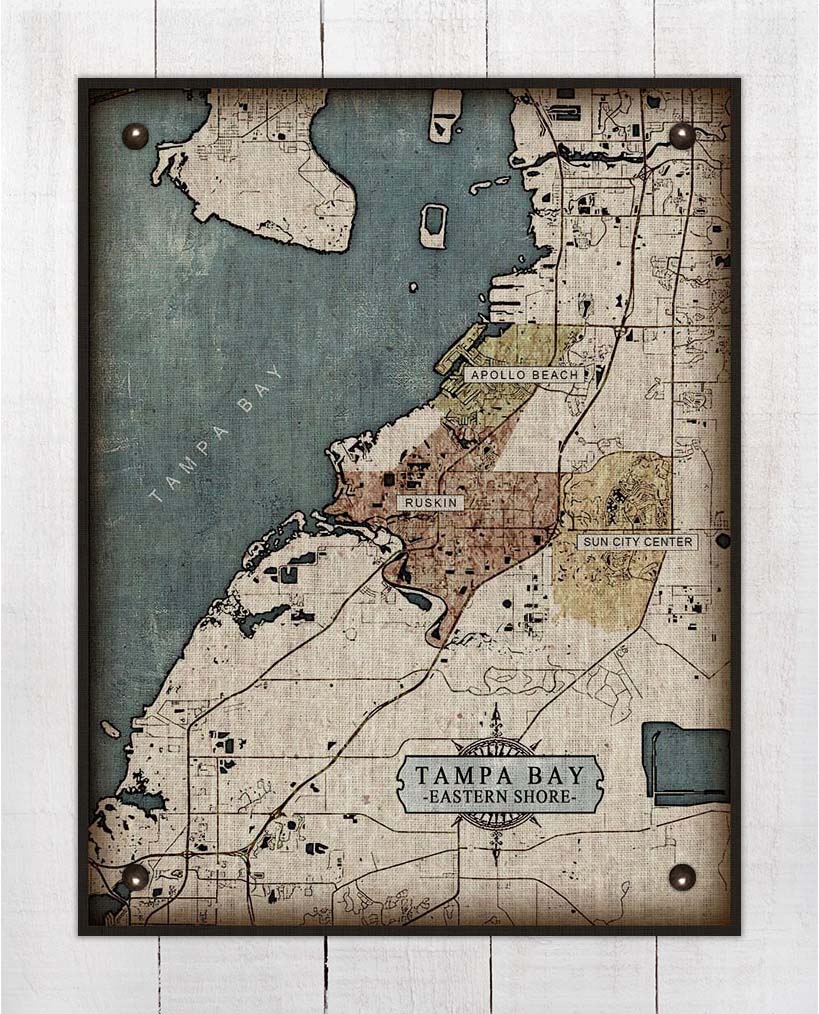 Tampa Bay Eastern Shore - Ruskin, Apollo Beach \u0026 Sun City Center - Map On  100% Linen, image size:819x1014