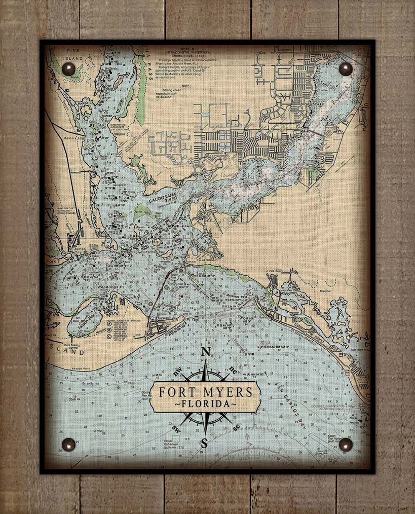 Fort Myers Nautical Chart On 100% Natural Linen