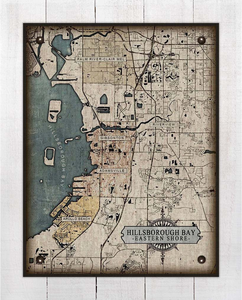 Hillsborough Bay Eastern Shore Map - Apollo Beach to Palm River Clair Mel - Map On 100% Linen