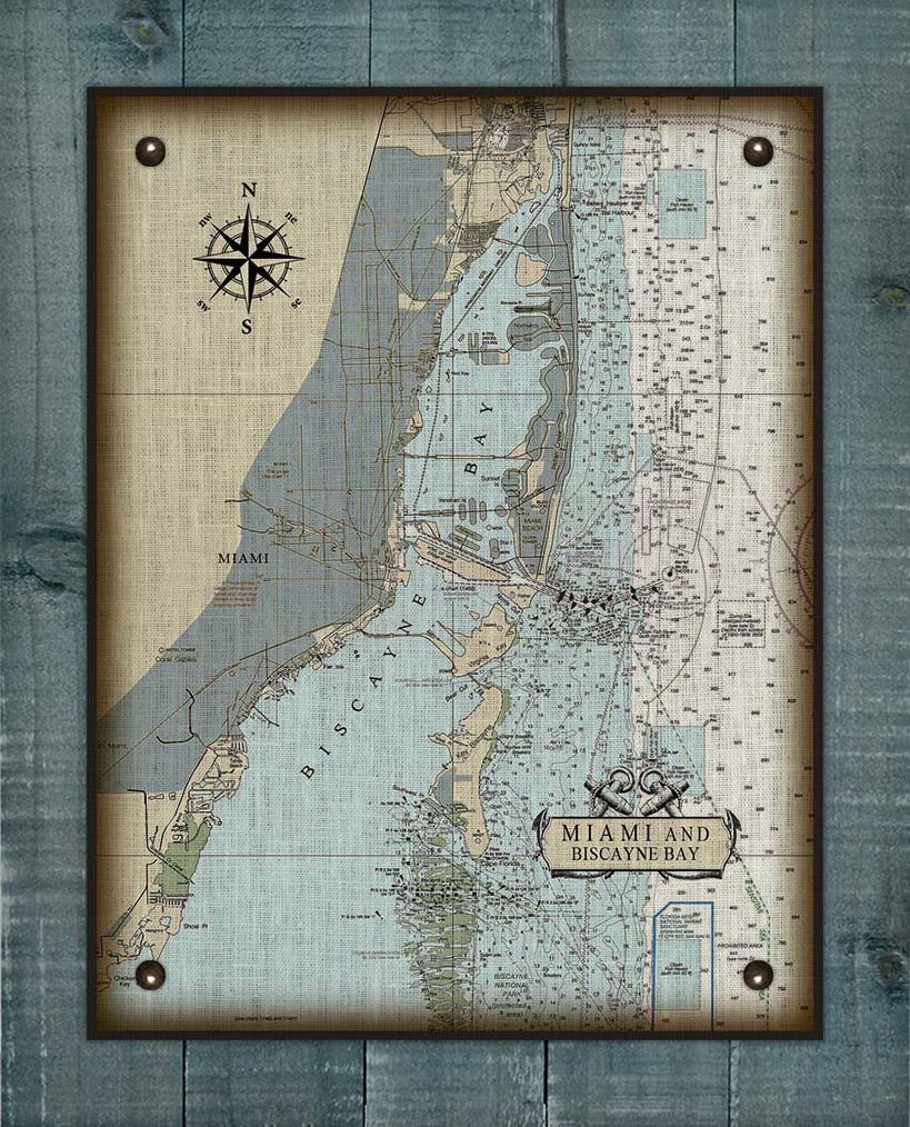 Miami And Biscayne Bay Nautical Chart On 100% Natural Linen