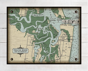 Florida Pirates Wood Amelia Island and Yulee  Nautical Chart (2) On 100% Natural Linen