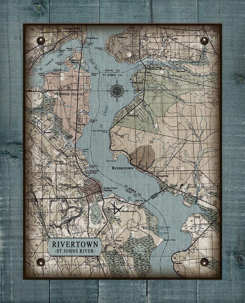 St Johns River Rivertown Vintage Map - On 100% Natural Linen