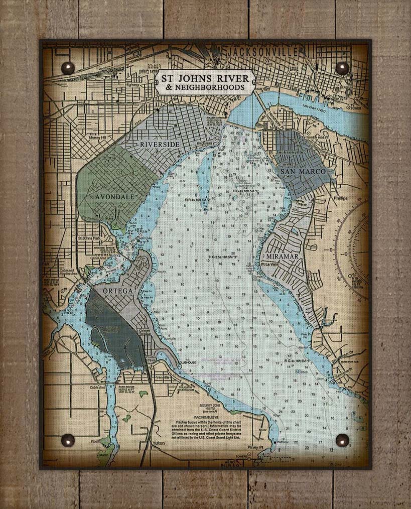 St Johns River - Jacksonville Neighborhoods - Nautical Chart On 100% Natural Linen