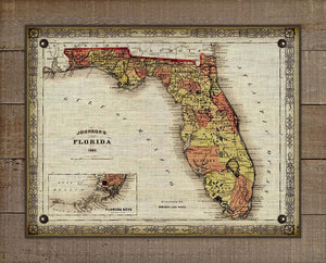 1864 Florida Vintage Map On 100% Natural Linen