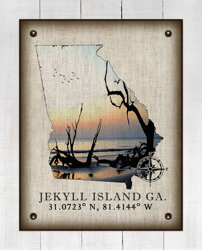 Jekyll Island Georgia Vintage Design (Driftwood Beach) On 100% Natural Linen