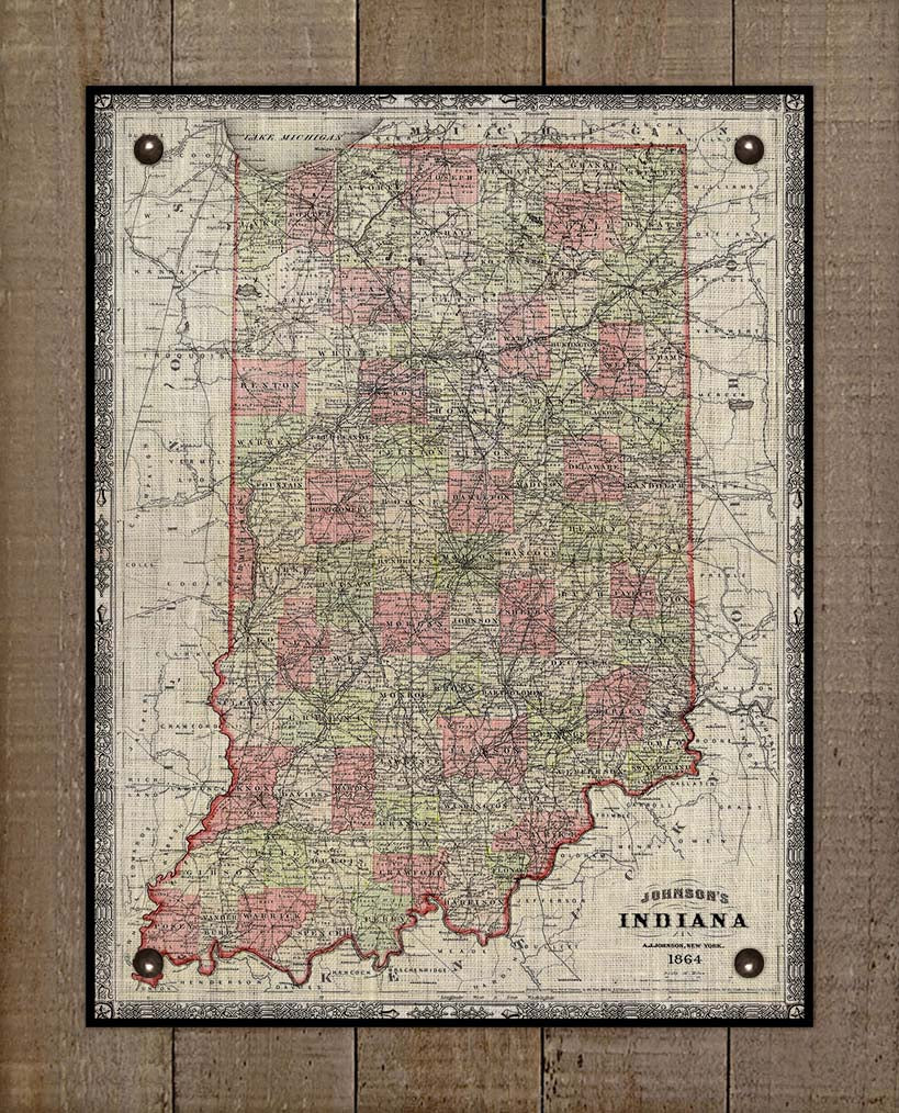1864 Indiana Map - On 100% Natural Linen