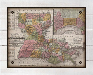 1855 Louisiana Map - On 100% Natural Linen