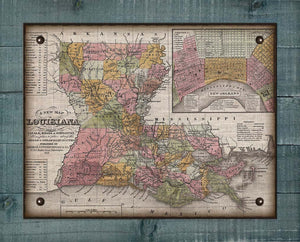 1855 Louisiana Map - On 100% Natural Linen