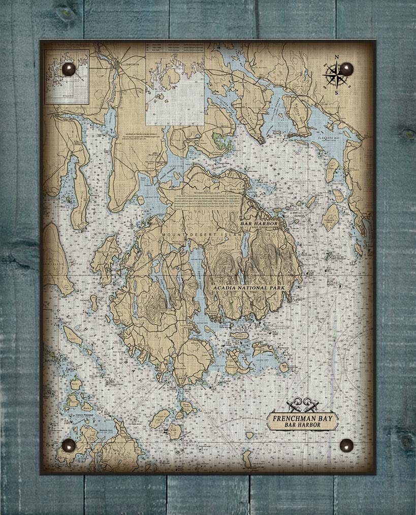 Acadia National Park & Bar Harbor Maine Nautical Chart On 100% Natural Linen