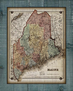 1800s Maine Map - On 100% Natural Linen