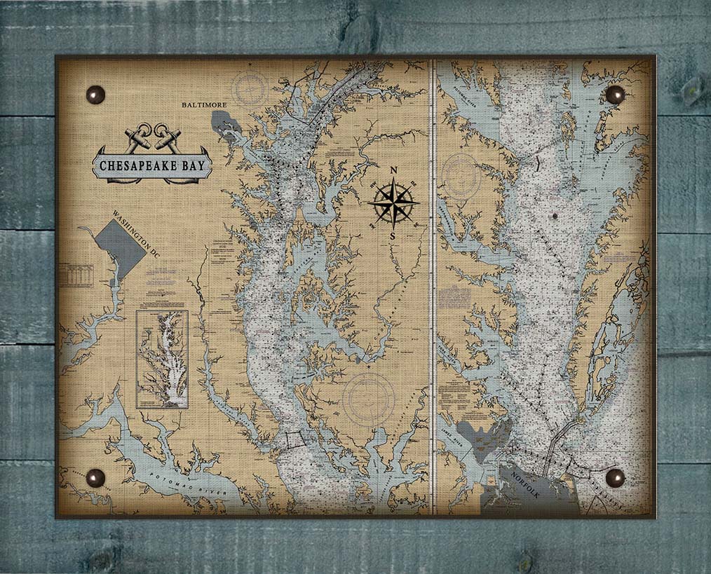 Chesapeake Bay Nautical Chart On 100% Natural Linen