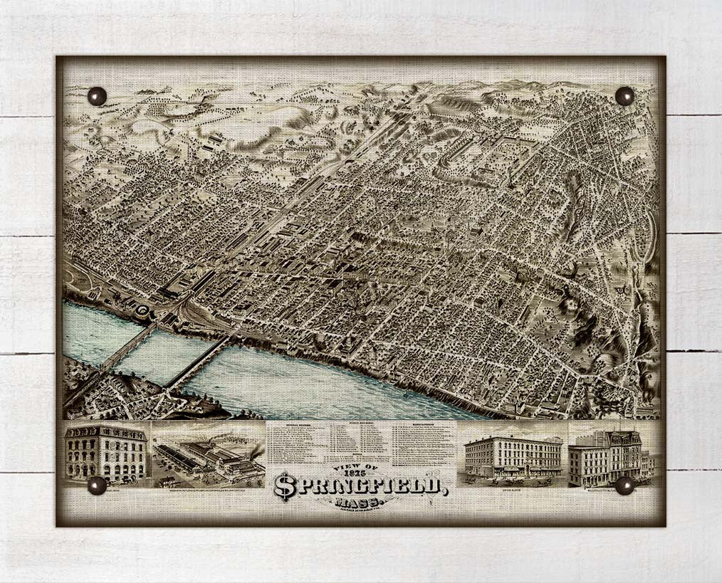 1875 Springfield Massachusettes Birds Eye Map - On 100% Natural Linen