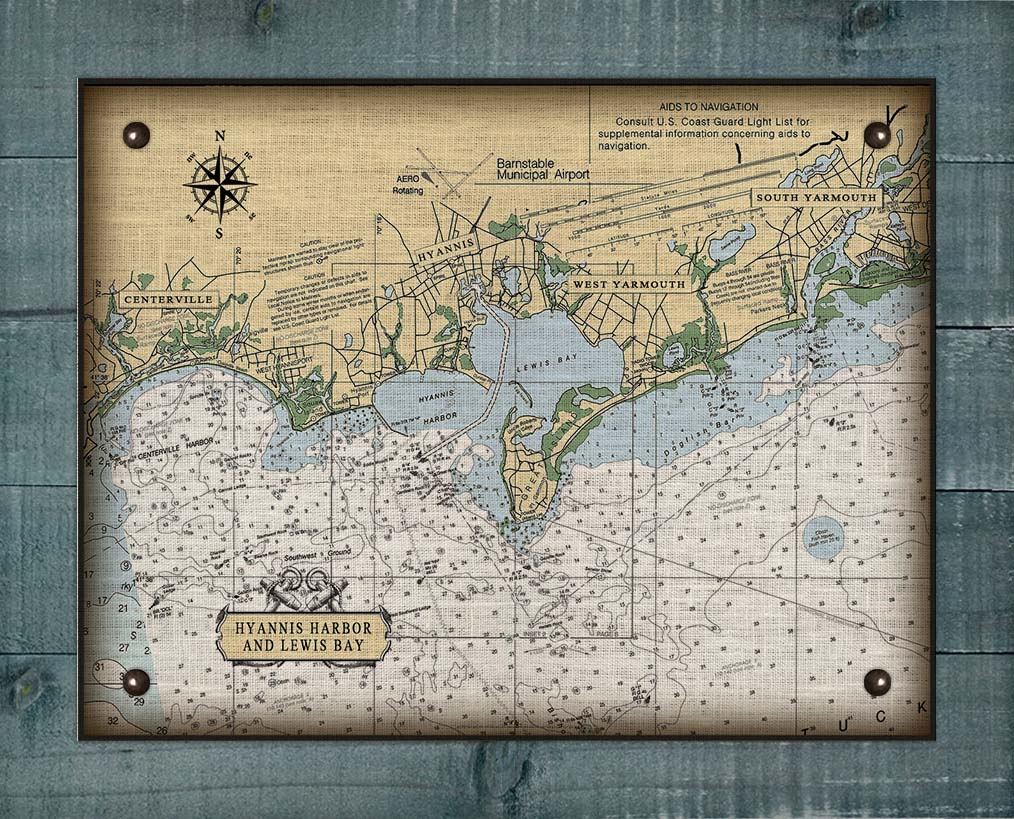 Hyannis Harbor & Lewis Bay Massachusetts Nautical Chart On 100% Natural Linen