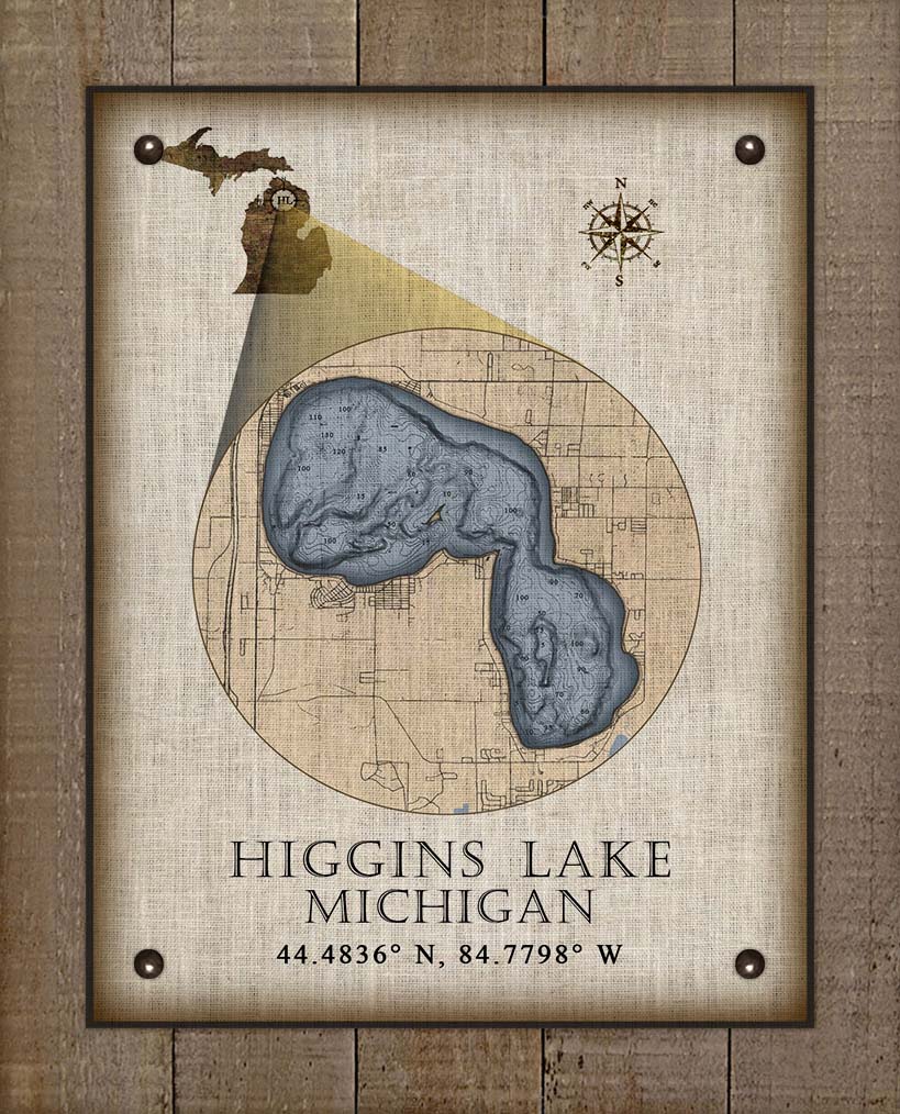 Lake Higgins Michigan Vintage Design - On 100% Natural Linen