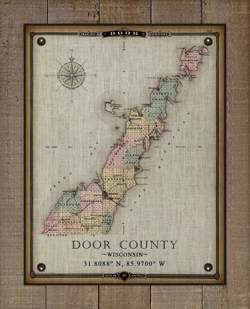 Vintage Door County Wisconsin Map - On 100% Natural Linen