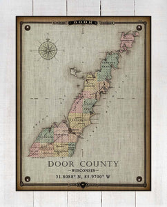 Vintage Door County Wisconsin Map - On 100% Natural Linen