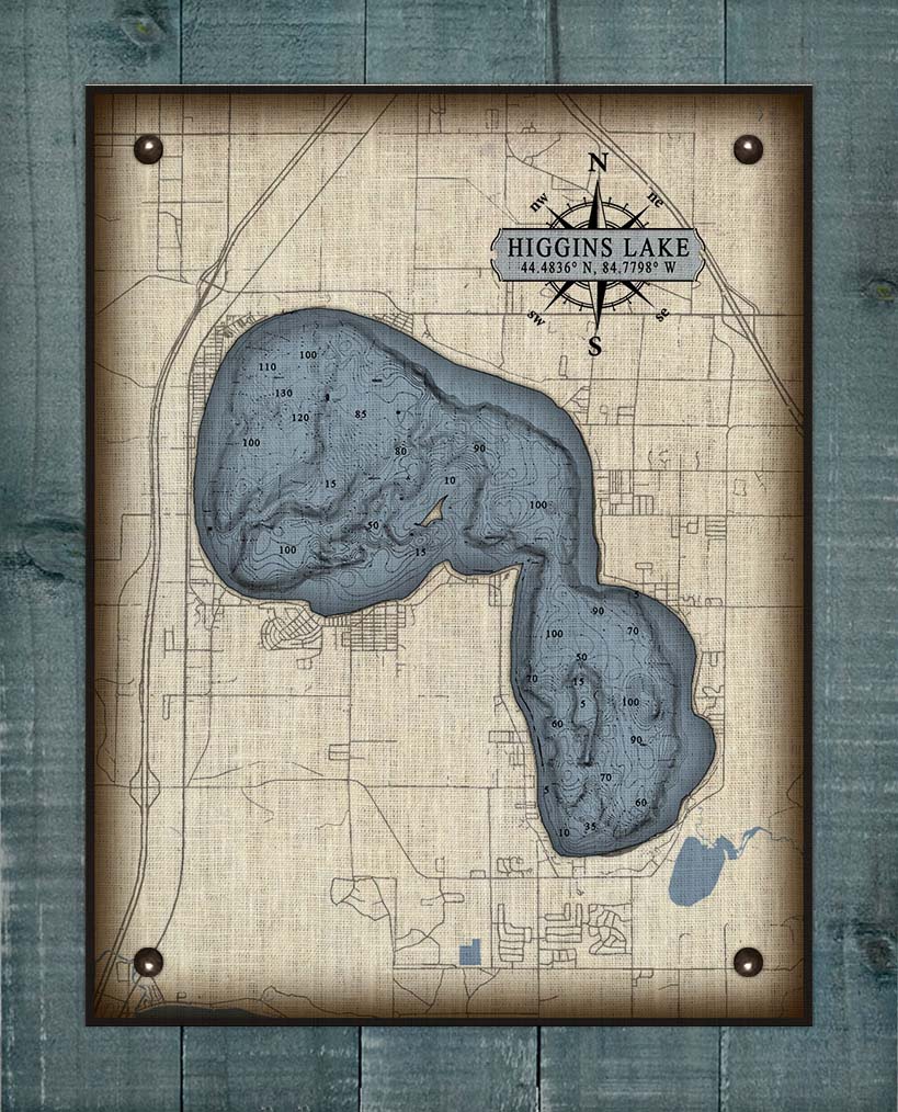 Higgins Lake Michigan Map - On 100% Natural Linen