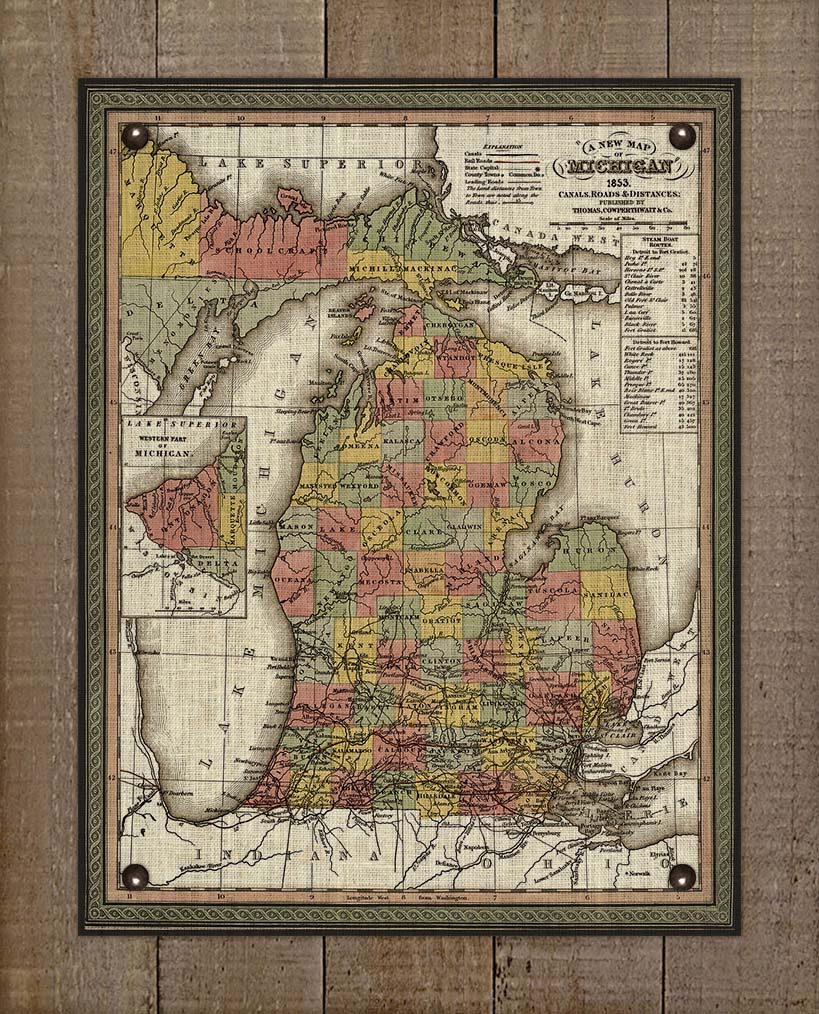 1853 Michigan Map - On 100% Natural Linen