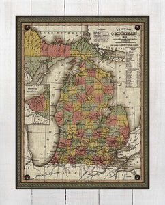 1853 Michigan Map - On 100% Natural Linen