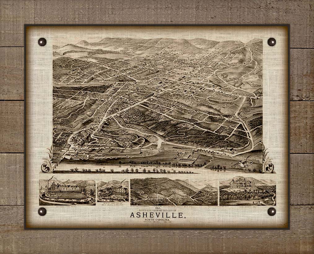 1891 Asheville North Carolina Birdseye Map - Board Mounted Canvas Print