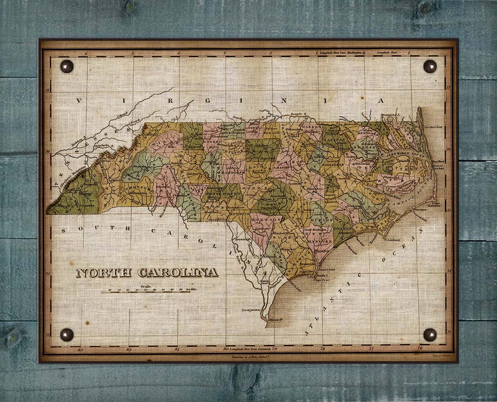 1800s North Carolina Map Design - On 100% Natural Linen