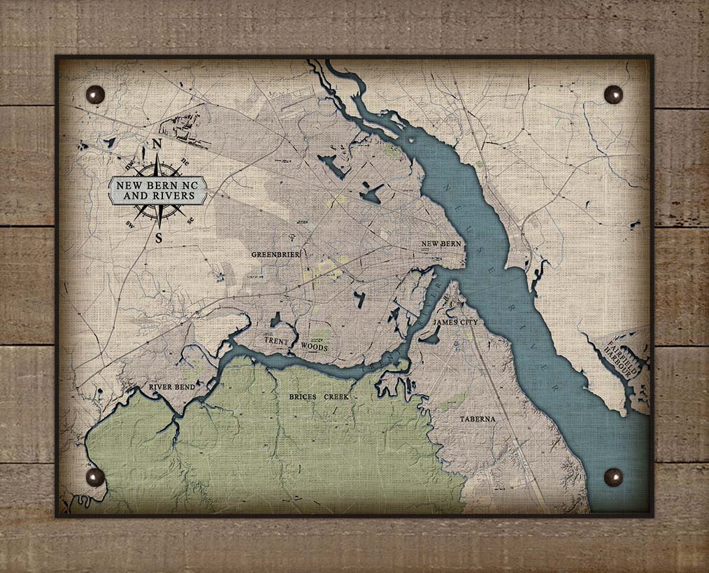 New Bern North Carolina And Rivers Map Design - Board Mounted Canvas Print