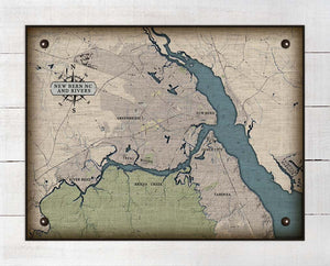 New Bern North Carolina And Rivers Map Design - On 100% Natural Linen