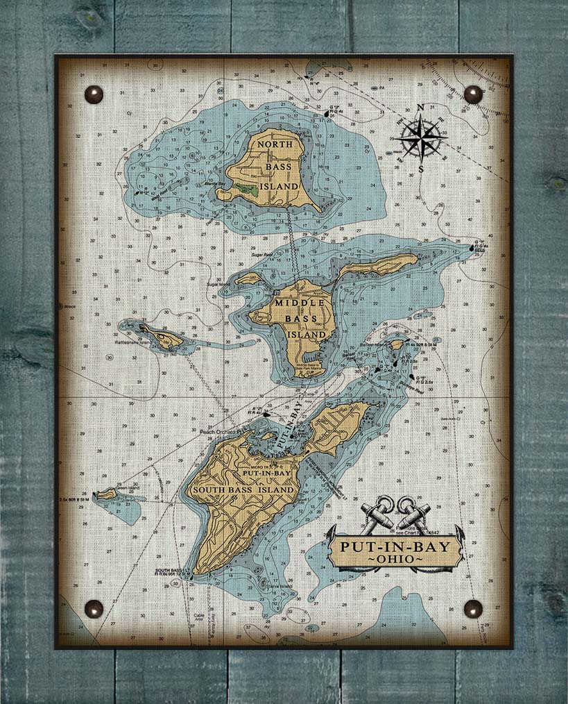 Put-In-Bay & Bass Islands Ohio Nautical Chart  (3) - On 100% Natural Linen