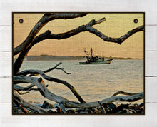 Load image into Gallery viewer, Shrimp Boat And Driftwood - On 100% Natural Linen
