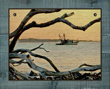 Load image into Gallery viewer, Shrimp Boat And Driftwood - On 100% Natural Linen
